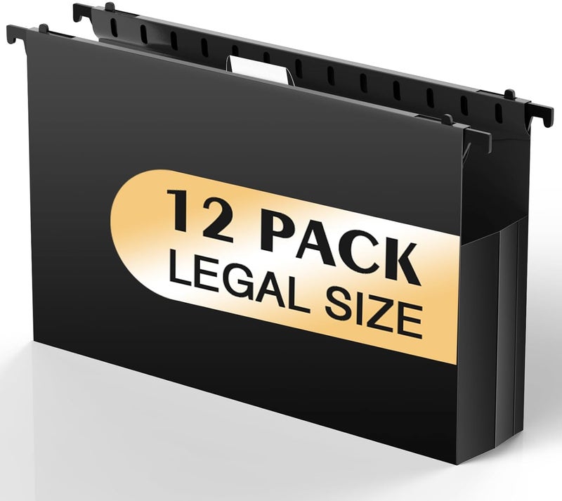 SHUTEX Extra Capacity Legal Size Hanging File Folders,12 Pack Reinforced Plastic Hanging Folder, Heavy Duty 2 Inch Expansion, Filing Cabinet Folders for Bulky Files, Medical Charts, Black - Image 1
